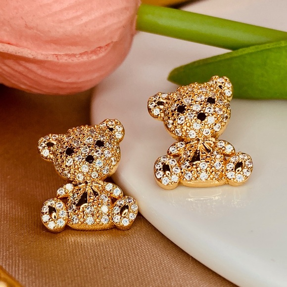 Adorable Pave Diamond CZ Dainty Stud Earrings in Gold - Picture 2 of 4